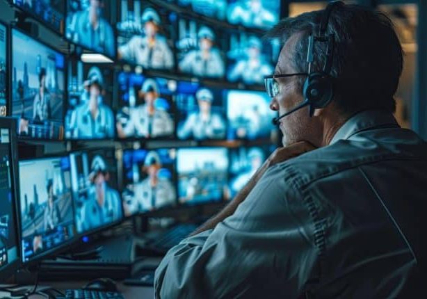 Opérateur de télésurveillance avec casque surveillant plusieurs écrans dans une station de surveillance